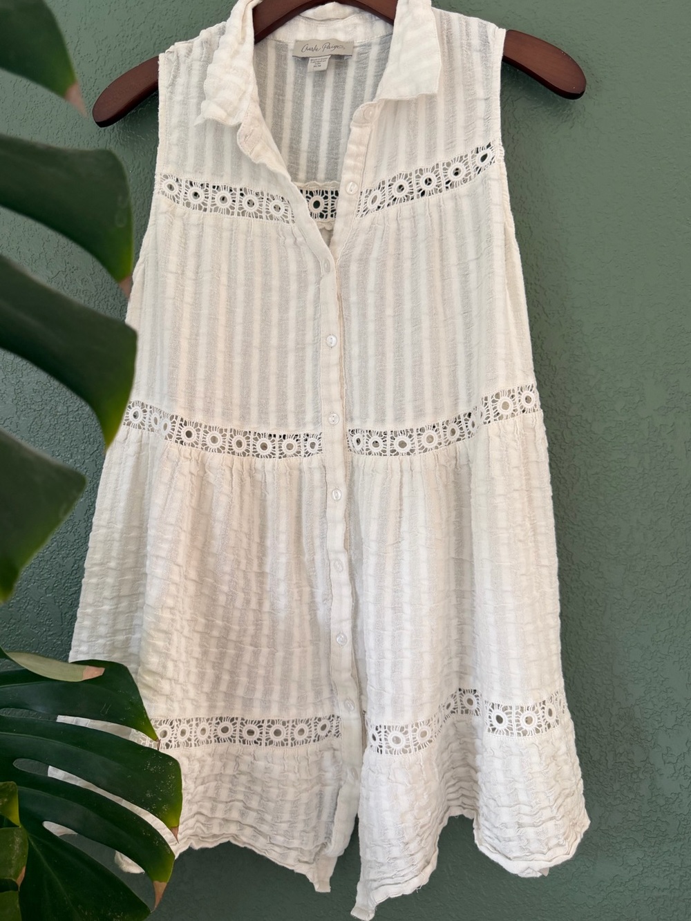 Charlie Paige White Cotton Gauze Lace Button Front Tunic Top Medium